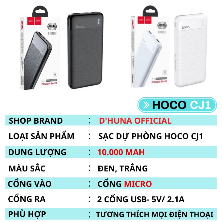 Sạc Dự Phòng [CHÍNH HÃNG]⚡️HOCO CJ1 ✔10.000mAh ✔Cao Cấp ✔Siêu Bền [BẢO HÀNH ĐỔI MỚI] - HunaStore