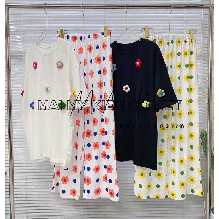 Set quần suông áo cotton đính hoa xinh xắn