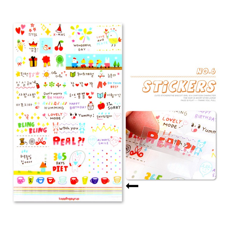 Bộ 6 tờ Sticker chữ, hình ngộ nghĩnh - Album DIY