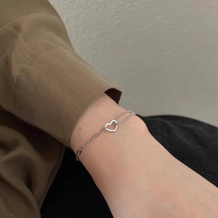 Vòng tay bạc sterling 925 mặt hình trái tim ghép dây xích và dây chuỗi thiết kế nhỏ đơn giản thời trang cá tính cho nữ