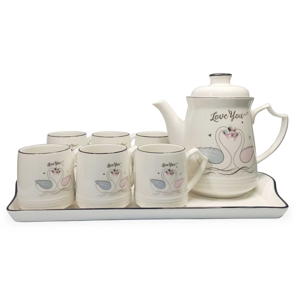 BỘ ẤM TÁCH TRÀ CAO CẤP 1.3 lít - BỘ BÌNH 06 TÁCH SỨ - LOVE YOU SP046