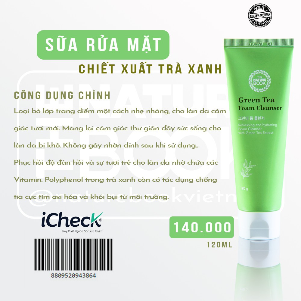 Sữa Rửa Mặt Trà Xanh, Dưỡng Ẩm HÀN QUỐC The Nature Book  120ml đặc iệt dành cho da dầu( nhờn),da MỤN khô và nhạy cảm