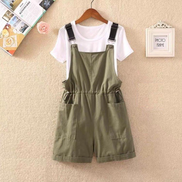 Quần yếm đùi rút eo kaki tặng kèm áo thun giấy | BigBuy360 - bigbuy360.vn