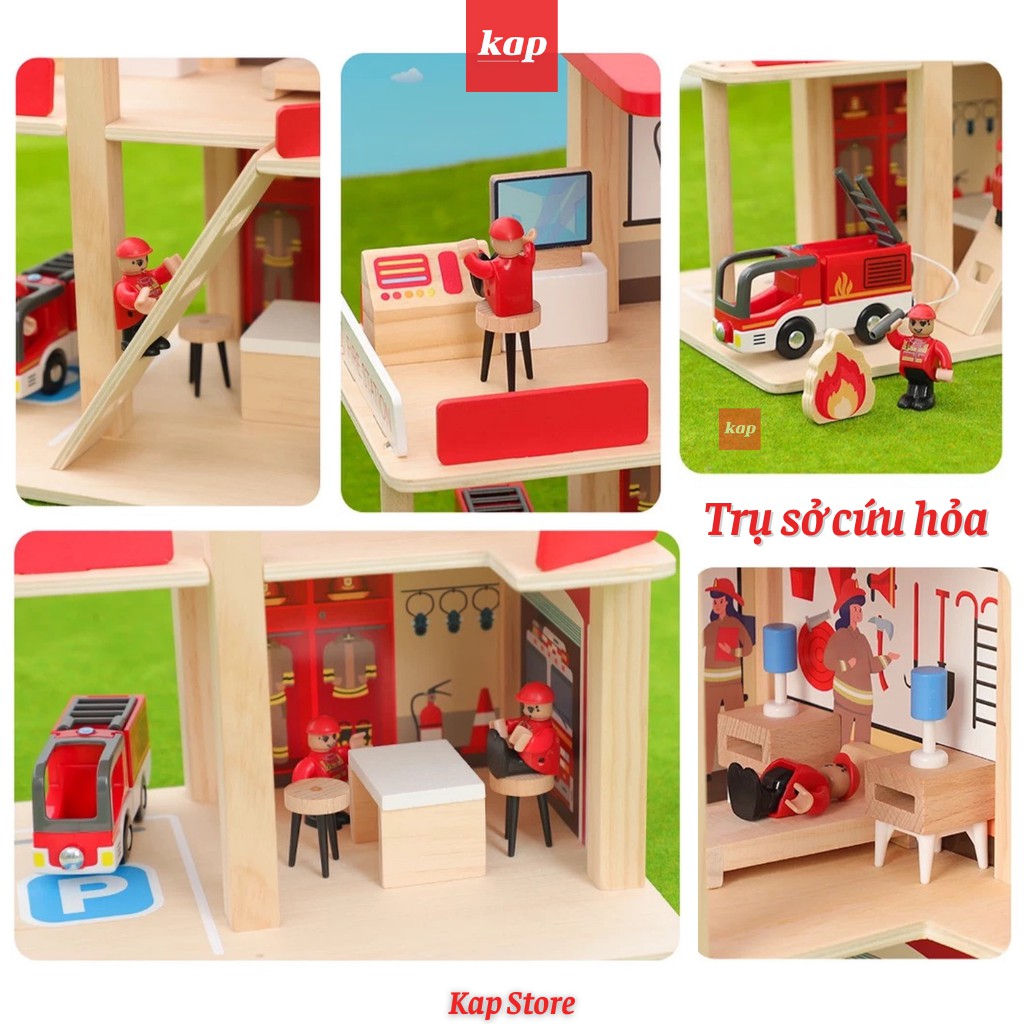 Bộ đồ chơi Trụ sỡ cảnh sát, trụ sở cứu hỏa, có thể chơi cùng với mô hình đường ray xe lửa gỗ