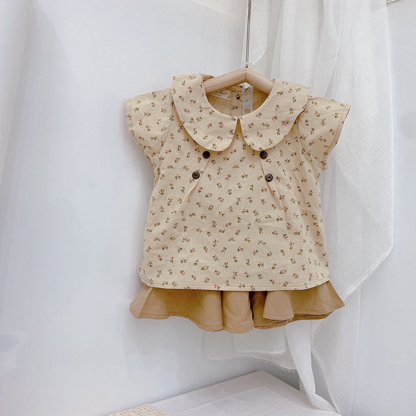 Bộ Quần Áo Cộc Tay Hoa Nhí Gắn Khuy Tiểu Thư Chất Vải Thô Linen Cho Bé Từ 8-20kg Mã CT26