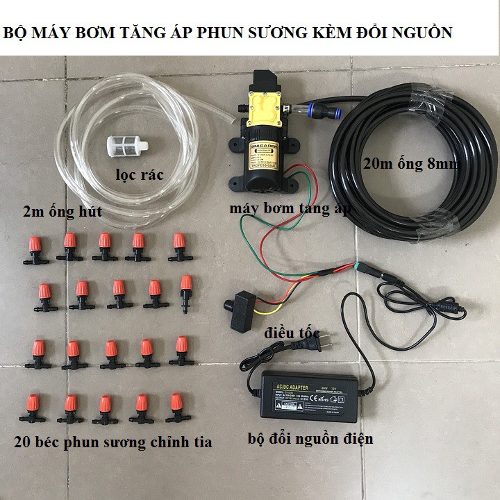 Bộ phun sương 5-10-15-20 béc đầy đủ bơm nguồn điều tốc và đầy đủ phụ kiện lắp đặt có thể dùng phun tưới