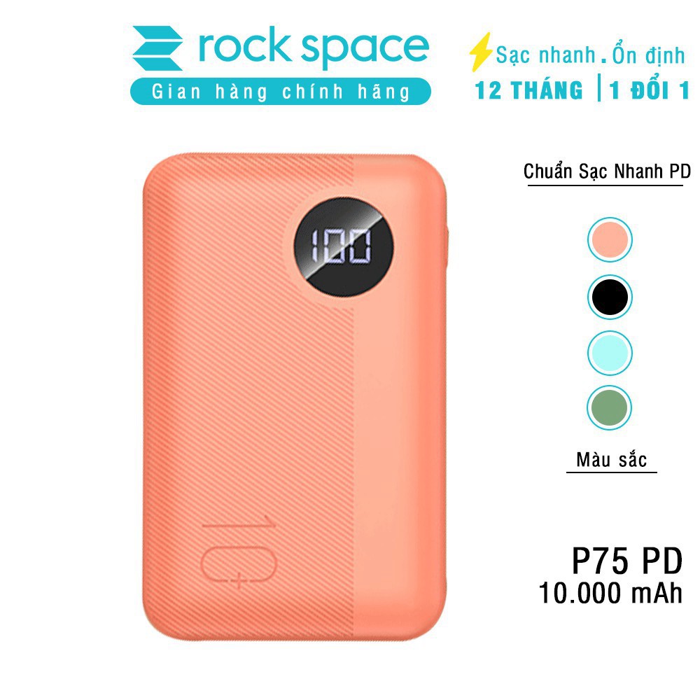 Sạc dự phòng mini chính hãng Rock space P75 chuẩn PD sạc nhanh cho iPhone, Samsung dung lượng thực 10.000 mAh