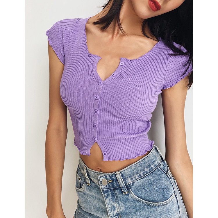 DUNEA Áo Thun Dệt Kim Tay Ngắn Thiết Kế Quyến Rũ Thời Trang Cho Nữ