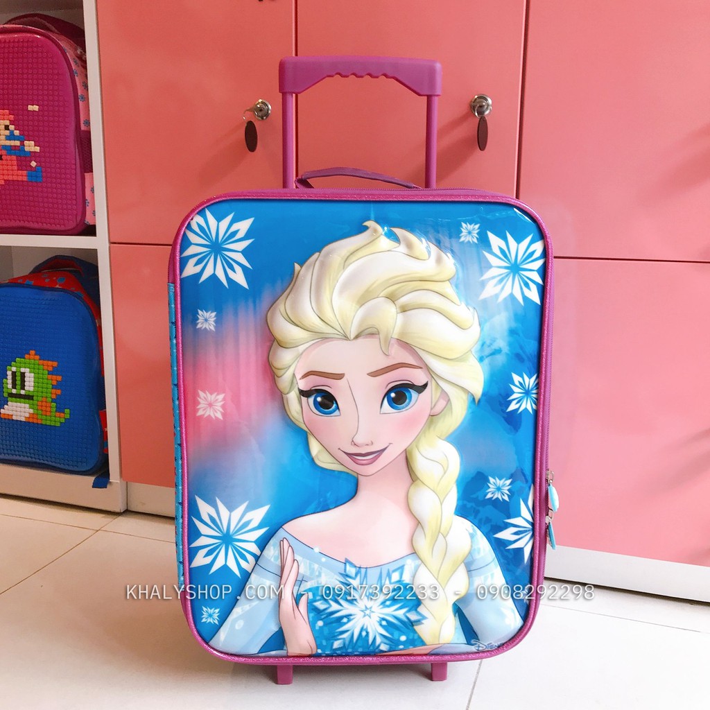 Vali kéo du lịch trẻ em 18'' hình công chúa Anna, Elsa (Frozen) 3D bằng vải màu xanh tím siêu đáng yêu dành cho bé gái
