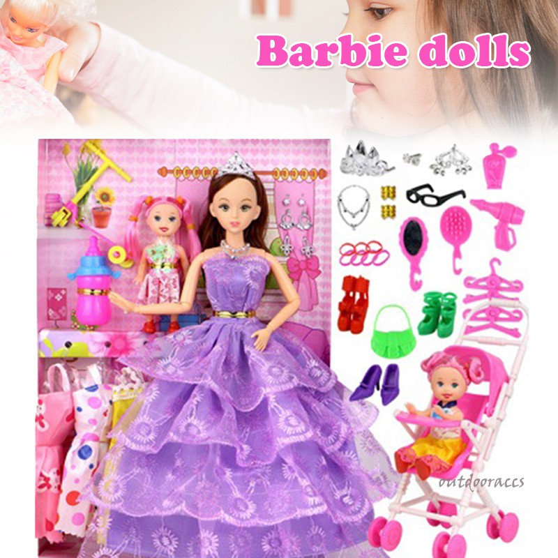 58PCS Barbie Doll Set with 6 Dress and 1 Baby Doll Cloth-replaceable Princess Play House Jointed Toy Kit for Girl Kids