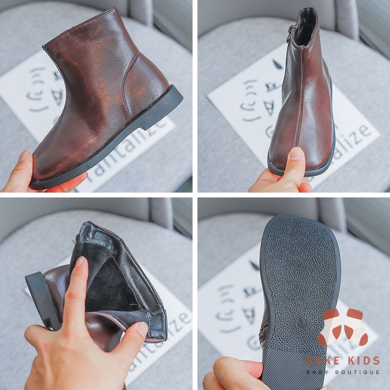 Bốt cao cổ cho bé trai bé gái - Giày bốt chất cực đẹp có khóa kéo mẫu trơn da mềm đế chống trơn trượt cho bé FL610