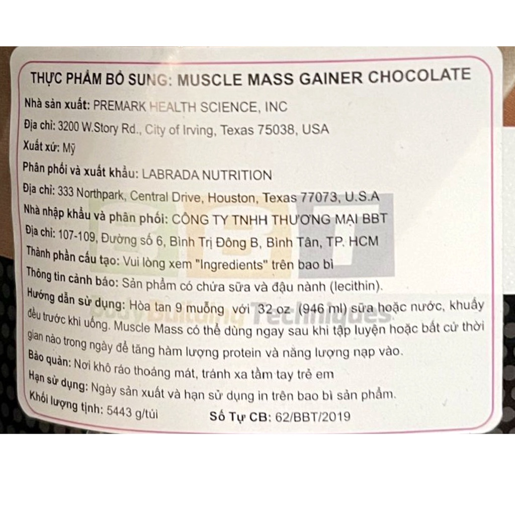 Sữa tăng cân tăng cơ Muscle Mass Gainer hương Chocolate bịch 5.4 kg - Hàng phân phối chính hãng BBT