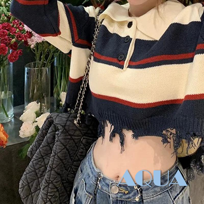 Áo Croptop Dệt Kim Tay Dài Cổ Tròn Màu Sắc Tương Phản Thời Trang Cho Nữ