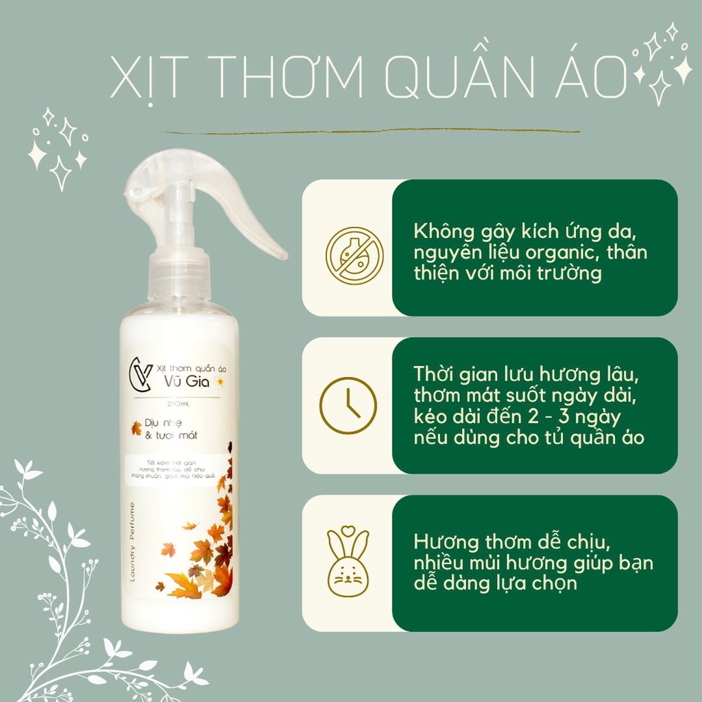 Chai xịt thơm quần áo Vũ Gia | Xịt 1 lần thơm cả ngày giúp tiết kiệm thời gian và chi phí xả quần áo