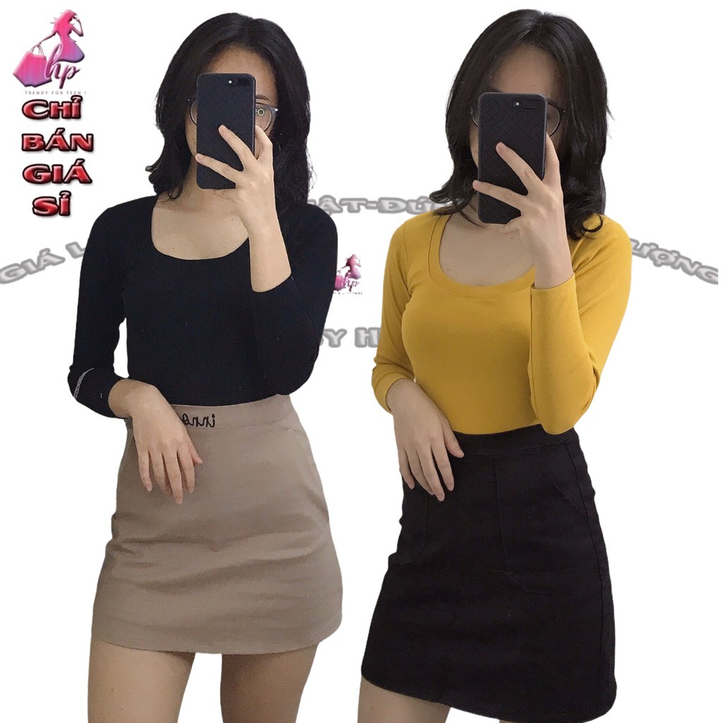 Áo kiểu thun nữ tay dài cổ vuông ôm body mẫu trơn mẫu mới thời trang 2021