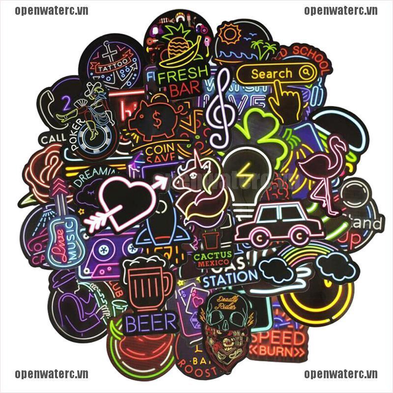 Set 50 miếng dán phong cách đèn neon đáng yêu dành cho trang trí vali máy tính xách tay đàn guitar
