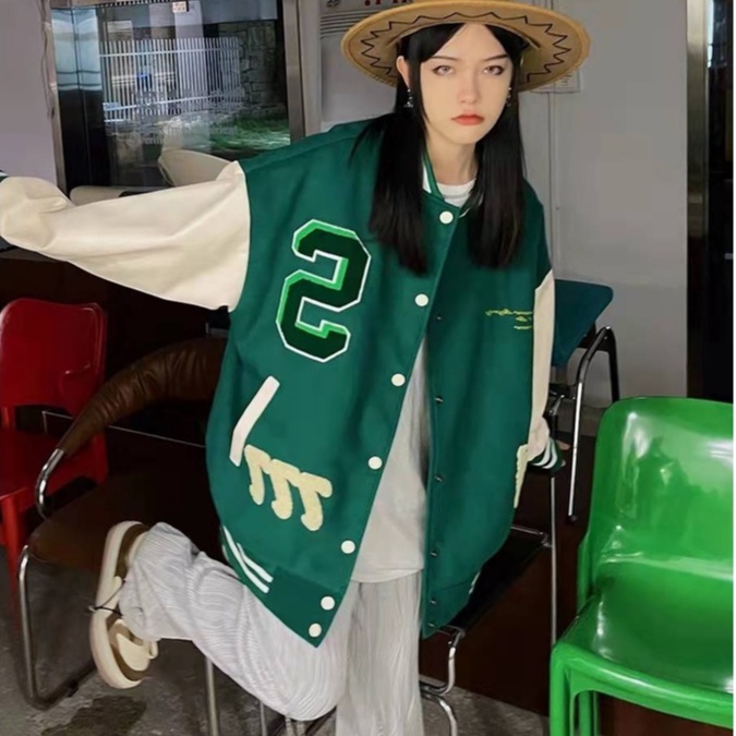 Áo khoác nỉ bóng chày dáng rộng thêu họa tiết phong cách retro thời trang cho nam