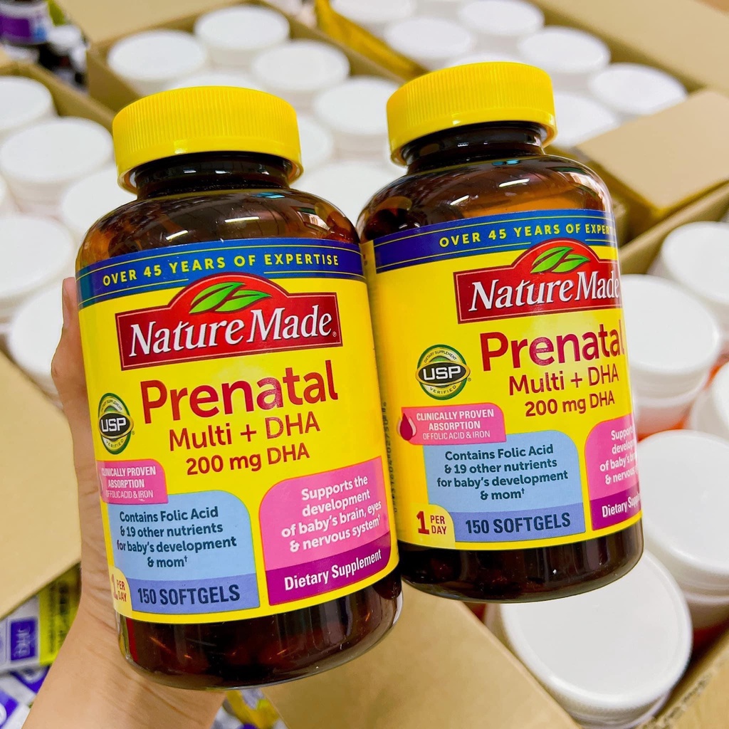 Vitamin Cho Bà Bầu Nature Made Prenatal Multi DHA 200mg Cho Bé Thông Minh Khỏe Mạnh Hộp 150 Viên- Hàng mỹ