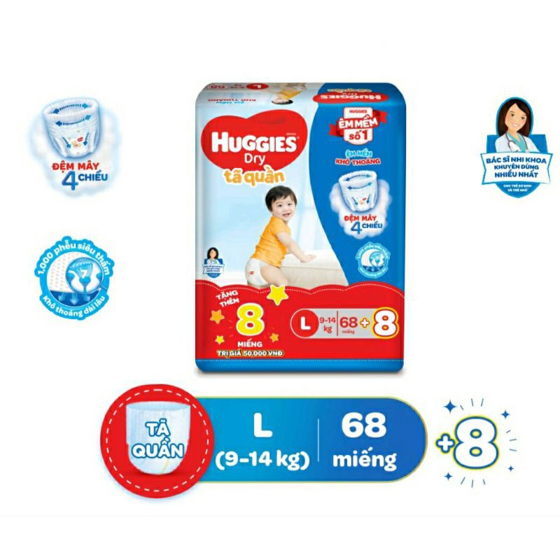 Tặng 8 miếng -Tã quần Huggies M74 / L68 / XL62 / XXL56