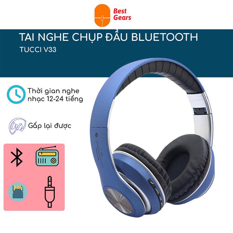 Tai nghe chụp tai Headphone Bluetooth V33 -  Pin 12 tiếng bluetooth TF card jack 3.5 audio radio