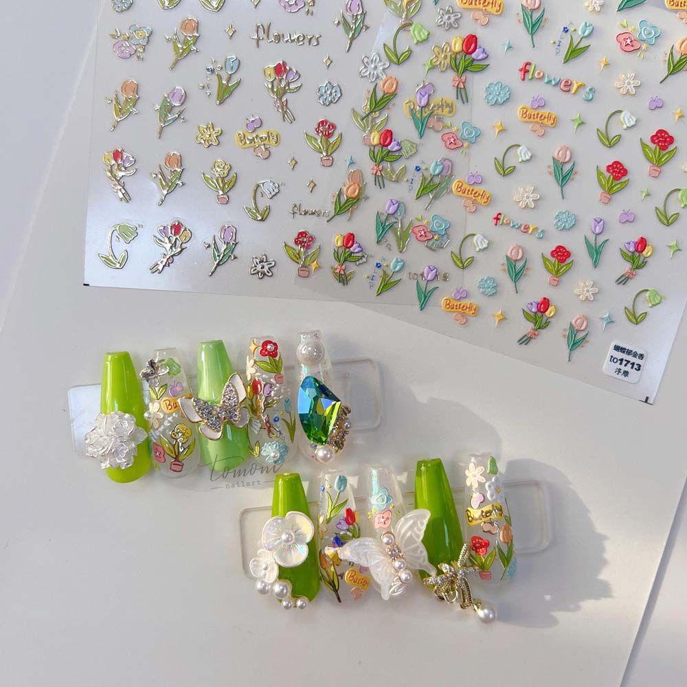 Miếng Dán Lá Nhôm Dập Nổi Hình Hoa Tulip 5D Trang Trí Móng Tay Nghệ Thuật DIY
