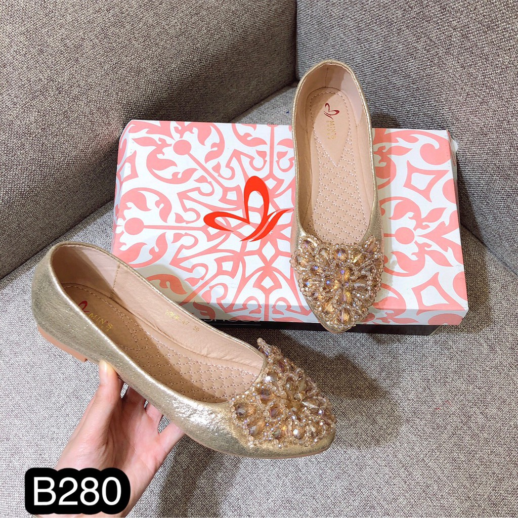 Min's Shoes - Giày Bệt Đá Da Thật B280 Vàng đá