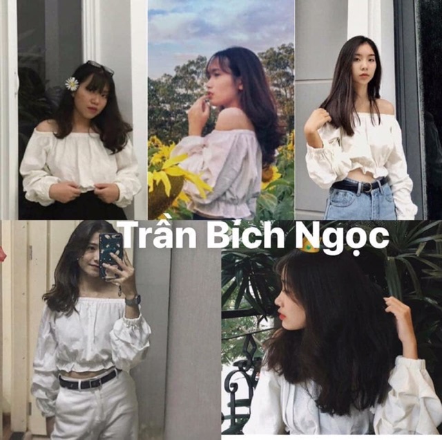 ÁO KAIA CROPTOP - ÁO TRỄ VAI TAY DÀI SIÊU XINH - Áo croptop trễ vai tay phồng nhíu chỉ ulzzang