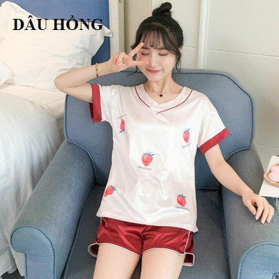 Bộ ngủ lụa cộc tay cổ tim hình đơn giản dễ thương