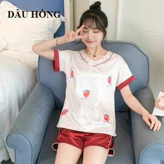 Bộ ngủ lụa cộc tay cổ tim hình đơn giản dễ thương