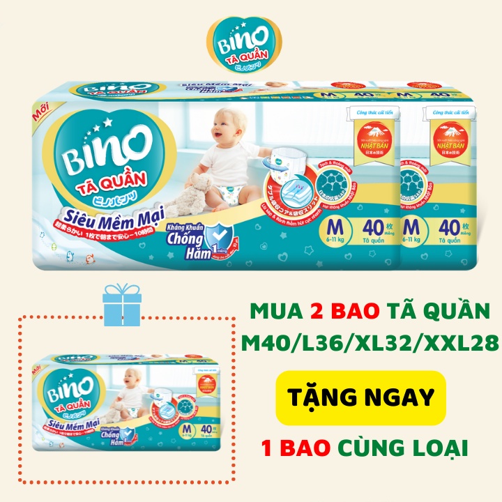 Tã quần Bino M40/L36/XL32/XXL28 - Thấm hút & lan tỏa chất lỏng cực nhanh giúp mông bé luôn khô rá