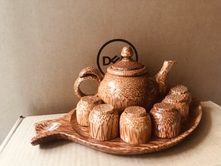 BỘ BÌNH TRÀ GỖ DỪA CHIẾC LÁ