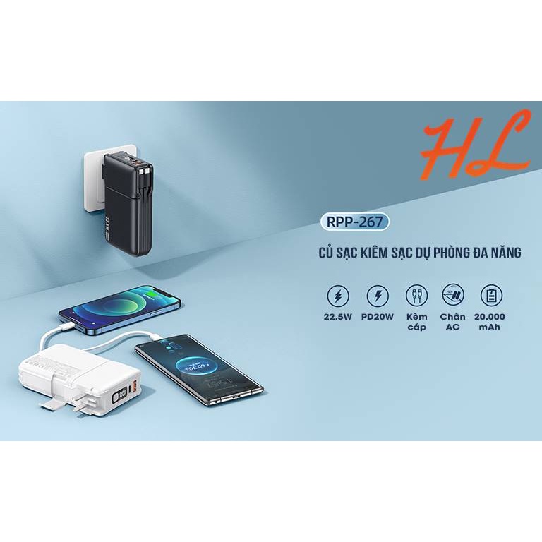 Pin Sạc Dự Phòng Remax RPP-267 20000Mah - Sạc Nhanh QC3.0, VOOC 2.0  PD 20W - Tích Hợp Cáp Sạc, Nguồn AC Sạc Trực Tiếp