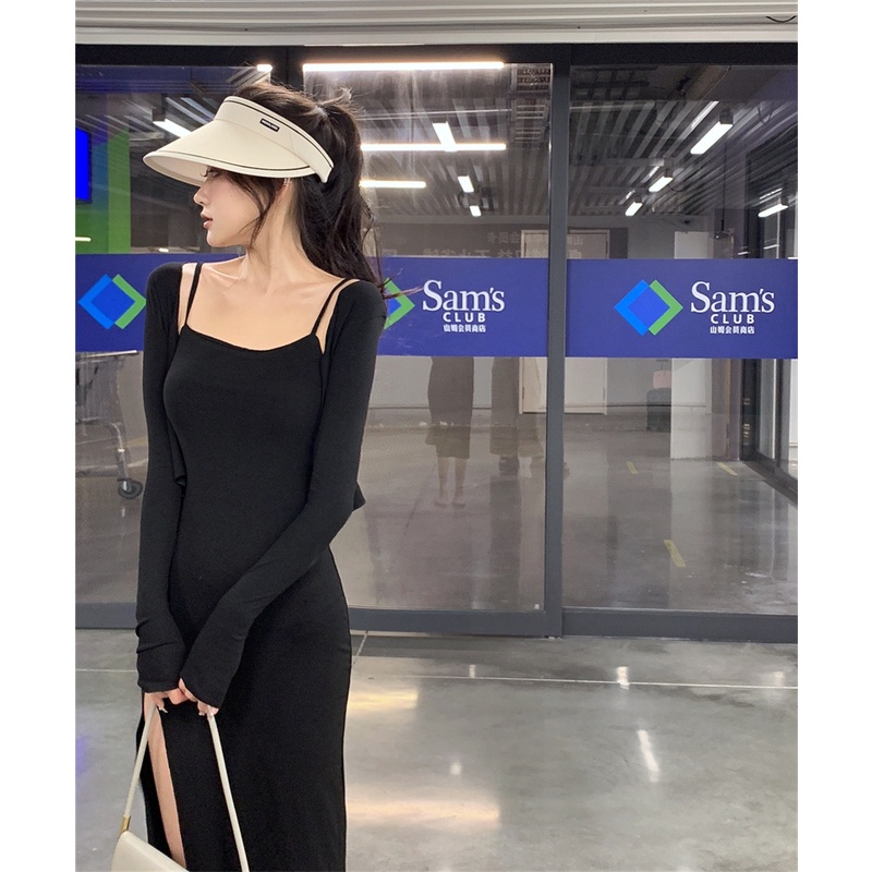 Áo Sơ Mi Tay Dài Chống Nắng + Đầm Hai Dây Lưng Cao Xẻ Tà Thời Trang Cho Nữ