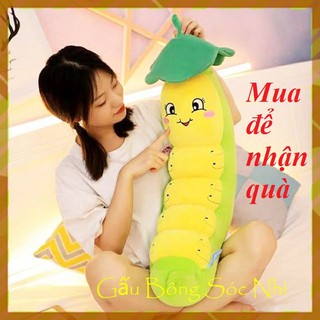 Gấu Bông Gối Ôm Sâu Khoai Đội Nón Lá ⚡ FREESHIP ⚡ Gấu Bông Sâu Khoai Cao Cấp Vải Nhung Co Giãn 4 Chiều
