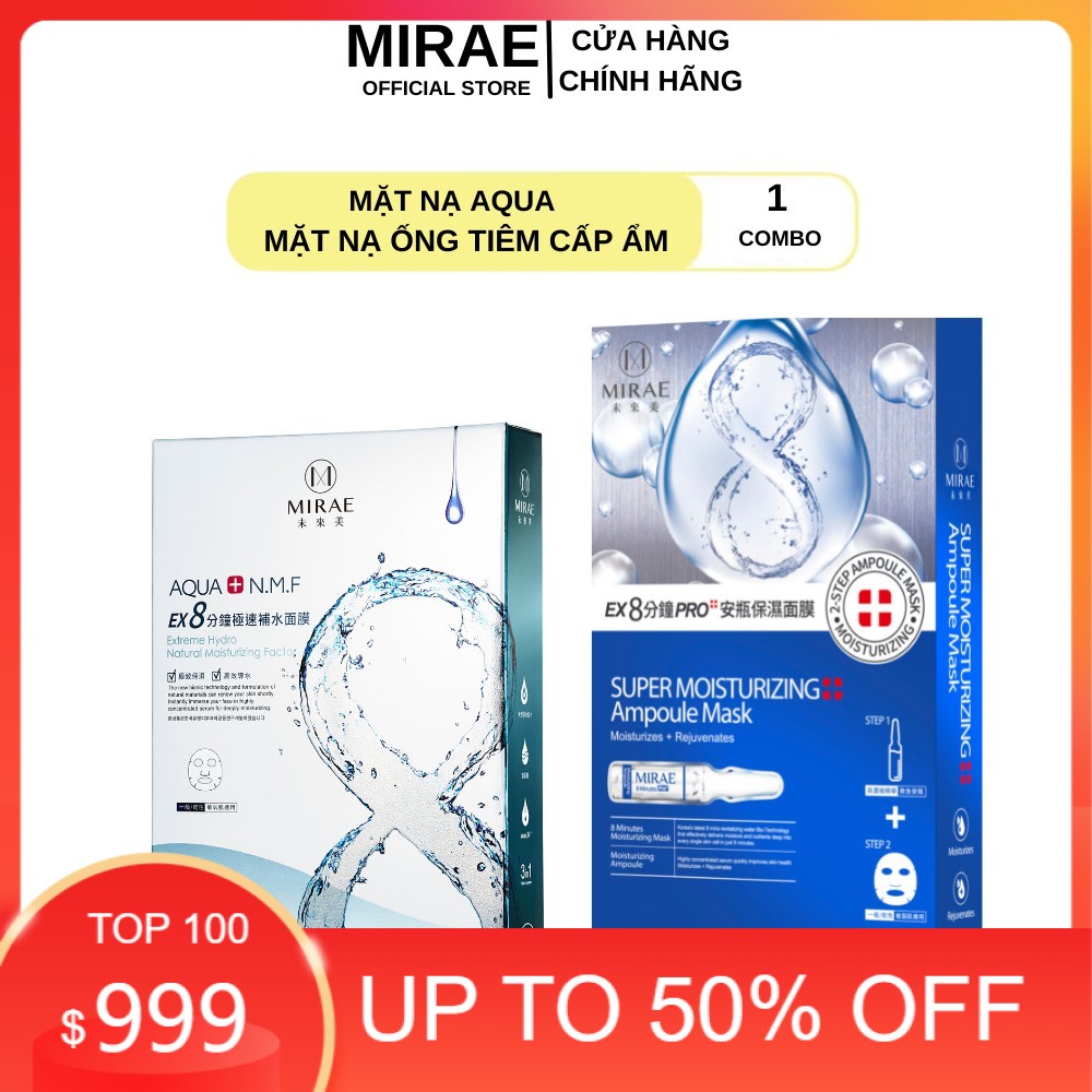 Combo mặt nạ 8 phút Mirae Aqua - Ống tiêm cấp ẩm cấp tốc cải thiện da khô mang lại làn da căng mịn 20g/miếng
