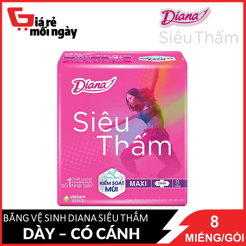 Băng vệ sinh Diana Siêu thấm Maxi (dày) có cánh 8 miếng/gói