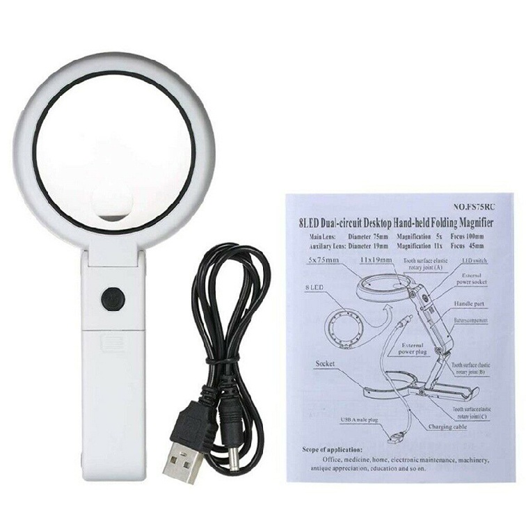 5 / 11X Magnifying Glass With 8 LED Light Magnifier Foldable Stand Table Lamp