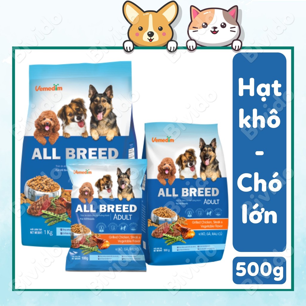 Thức ăn chó lớn Vemedim all breed adult vị bò, gà, rau củ túi 500g - Bivido Pet Shop