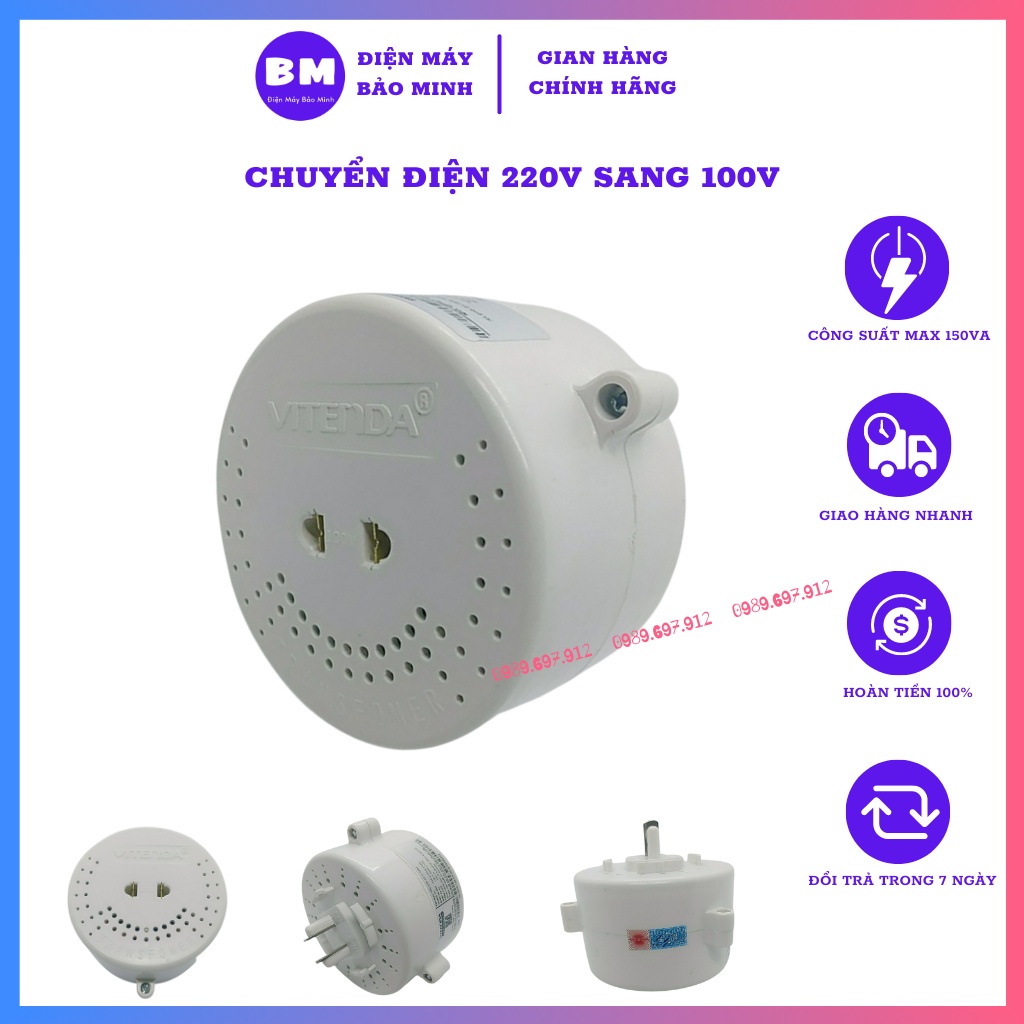 [BH 12 tháng] Bộ Đổi Nguồn 220V Sang 110V Công Suất Thực 150Va (125W) Nguồn Đồng Xịn Vitenda