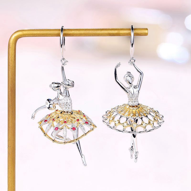 Italian craftsmanship creative asymmetric earrings ladies elegant ballet earrings hanging Swan Lake gem earrings party high jewelry