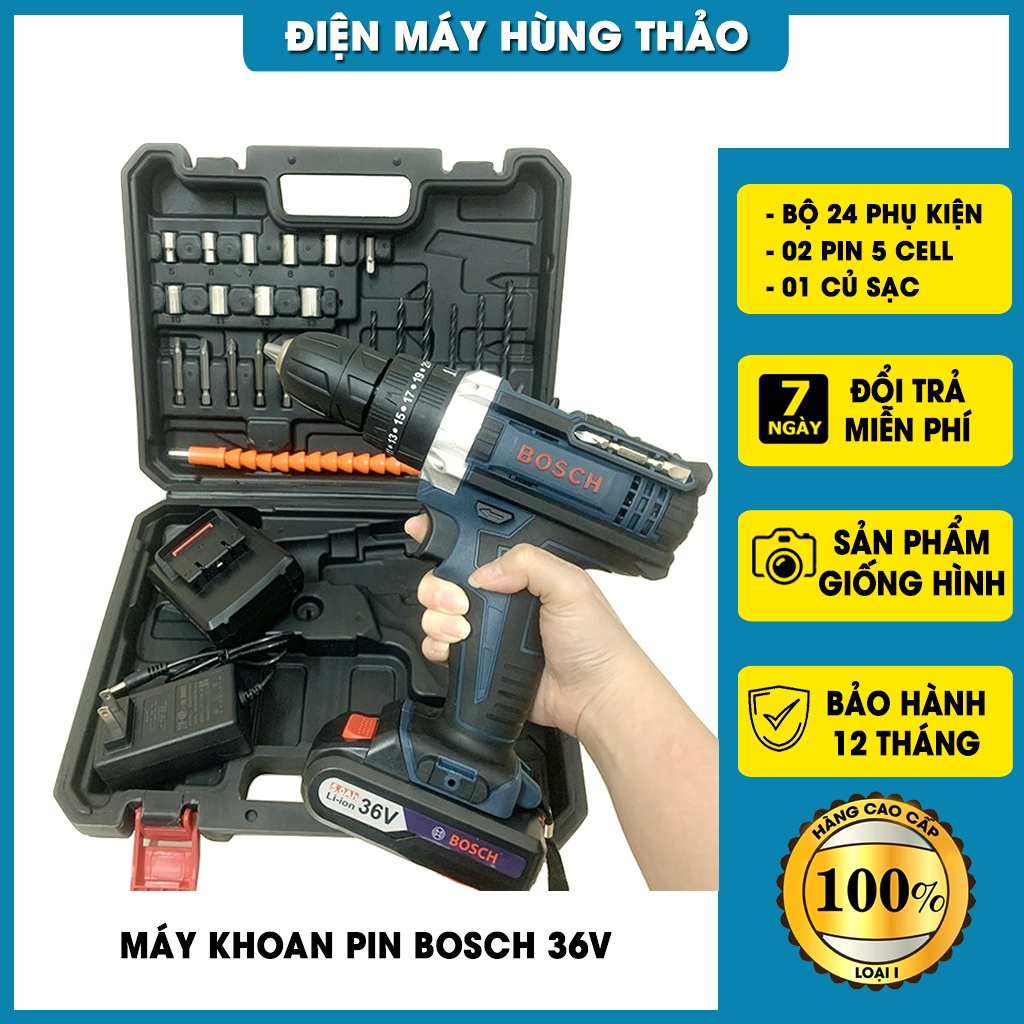 Máy khoan pin,máy khoan 36v Bosch 3 chức năng, 100% lõi đồng, bộ phụ kiện 24 chi tiết.
