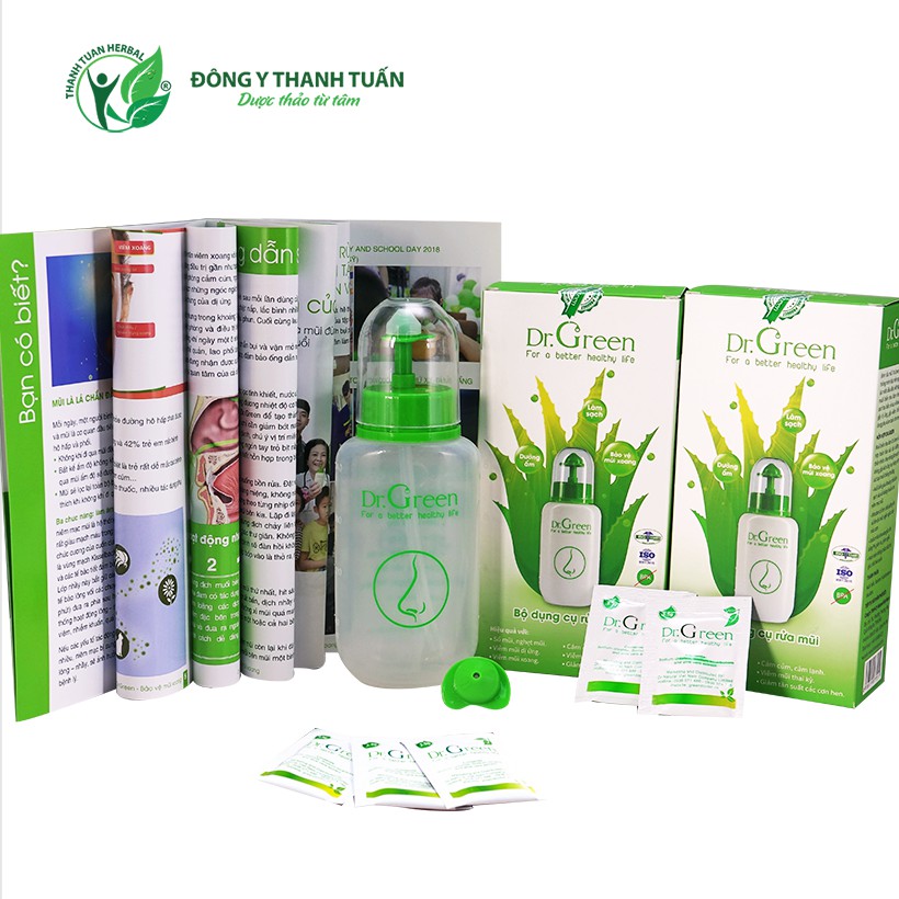 [Combo tiết kiệm] 1 bình rửa mũi xoang Dr. Green &amp; 60 gói muối biển- Giúp rửa sạch mũi xoang hít thở dễ dàng