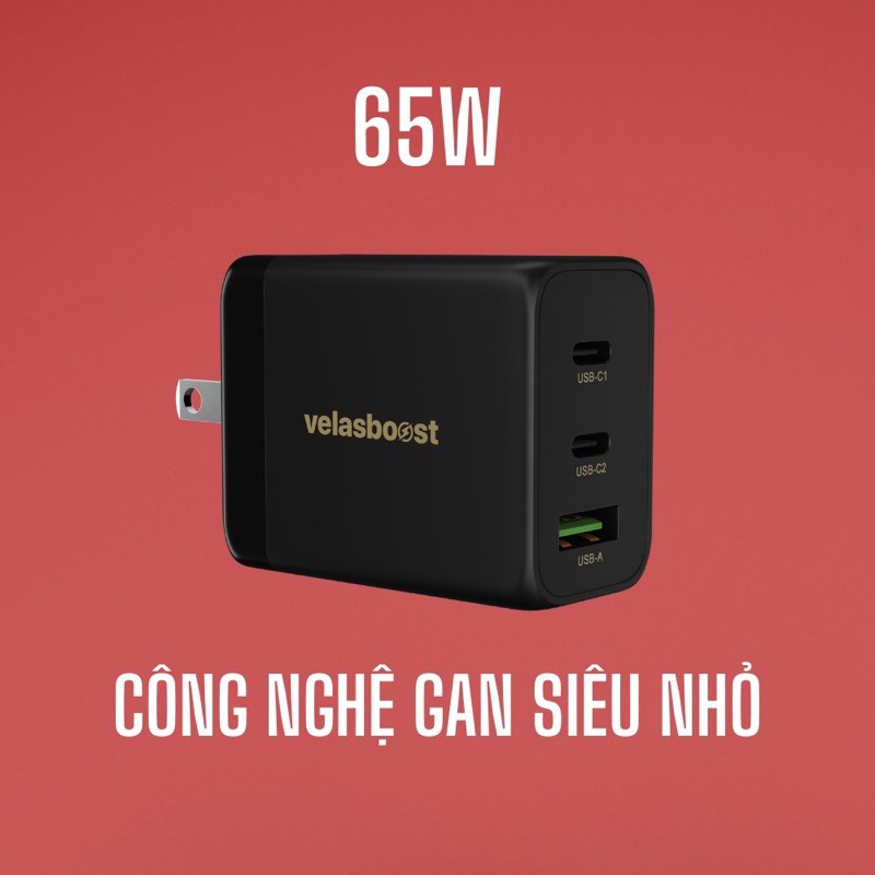 Củ sạc 65w 3 cổng Velasboost, công nghệ GaN siêu nhỏ