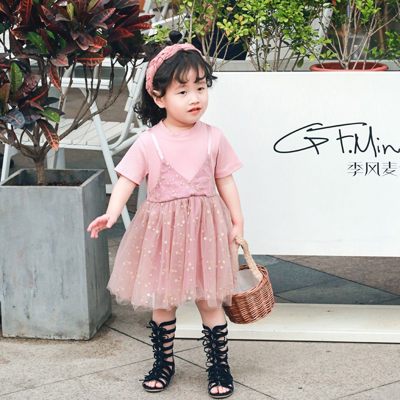 Váy lưới hồng kim tuyến xinh xắn cho bé