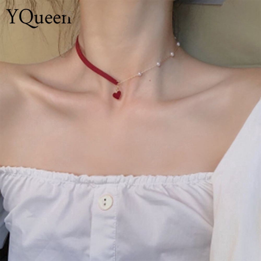 Wild Cute Heart Pendant Velvet Belt Pearl Short Necklace Neck Strap Clavicular Chain Women