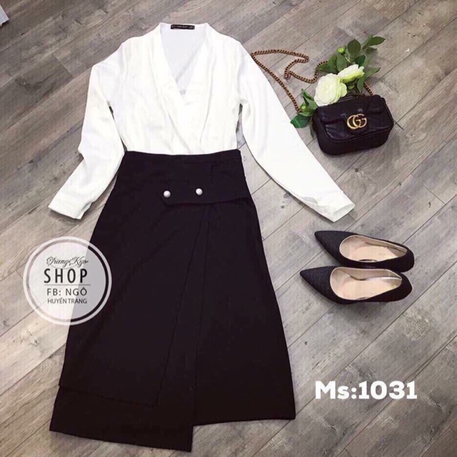 Set áo sơ mi chân váy chữ A dài