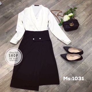 Set áo sơ mi chân váy chữ A dài