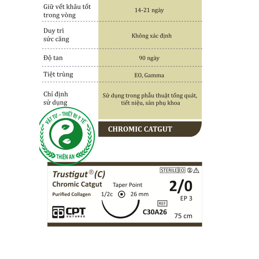 Chỉ Tự Tiêu CPT TRUSTIGUT C 3/0 4/0 (CHROMIC CATGUT) - Chỉ Phẫu Thuật Và Dùng Cho Cấy Chỉ Tự Tiêu sau 2-3 tuần