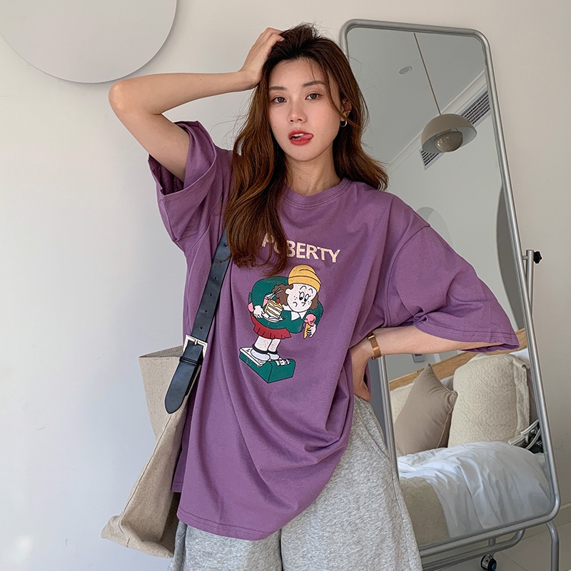 Áo Thun Tay Ngắn Cổ Tròn In Họa Tiết Hoạt Hình Phong Cách Hàn Quốc