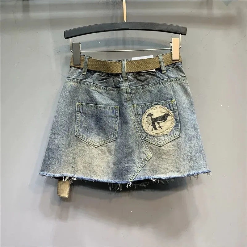 Jiashucheng Chân Váy Denim Chữ a Lưng Cao Rách Cá Tính Thời Trang Mùa Hè 2023 Phong Cách Mới